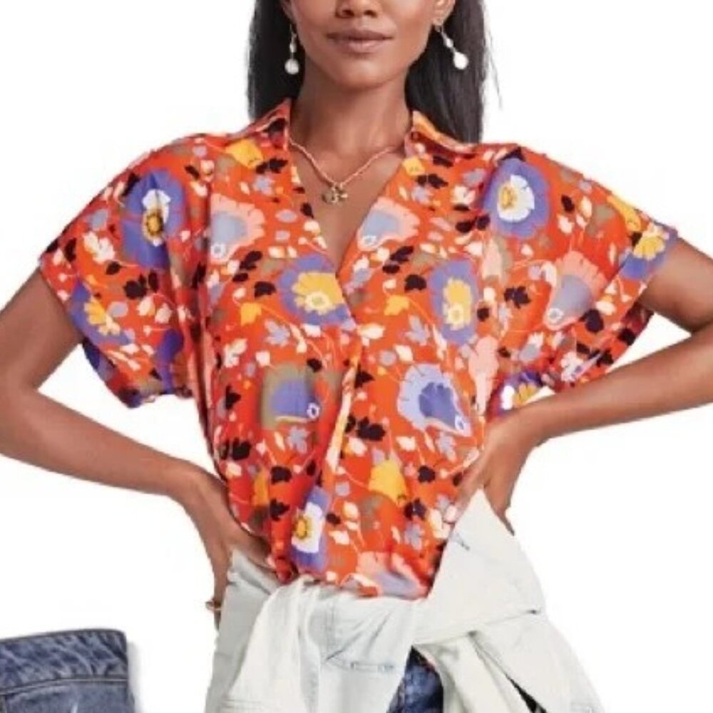 CAbi Visionary Replay Floral Top Size S Multicolor Lightweight Orange Flowers